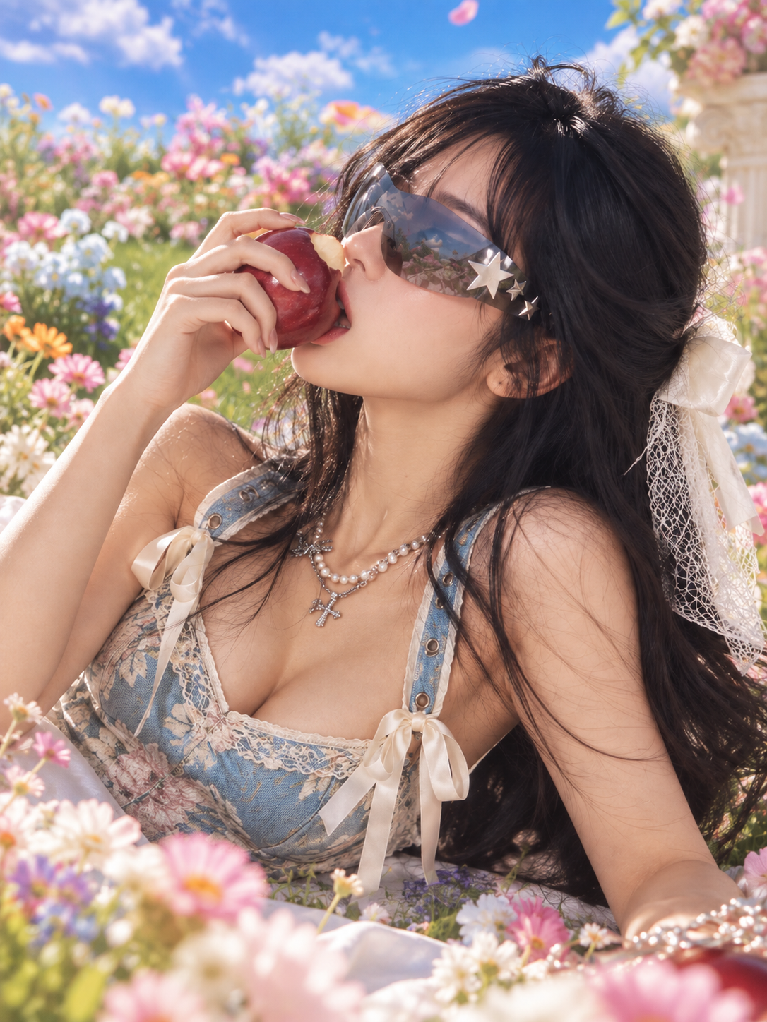 A model in star sunglasses and a lace corset holds a red apple to her lips