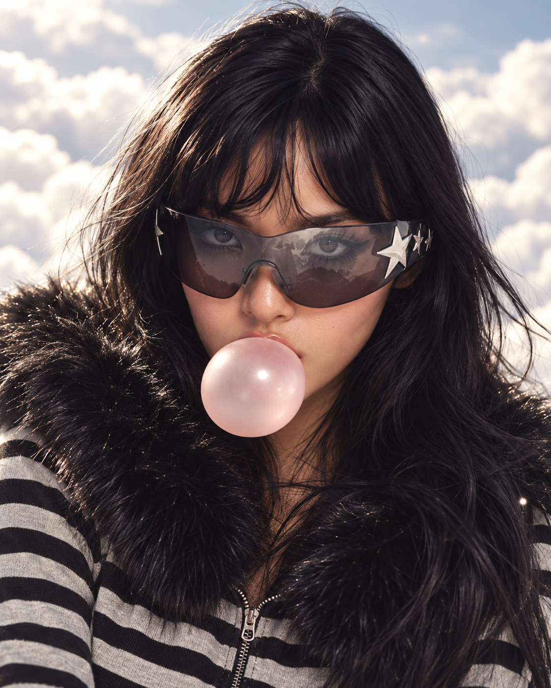 Model wearing star-set shield sunglasses and a striped jacket, blowing a pink bubble