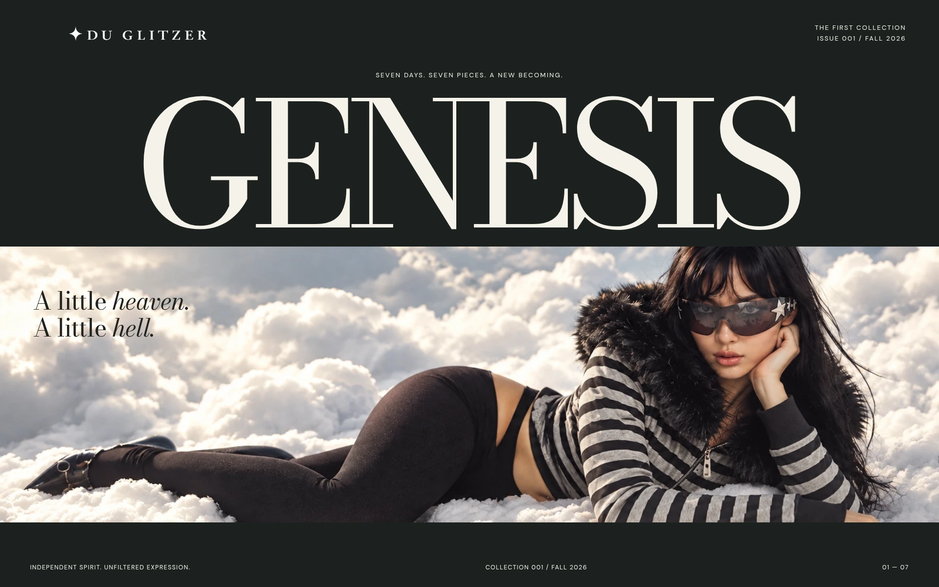 GENESIS cover: a model in the clouds, seven days and seven pieces