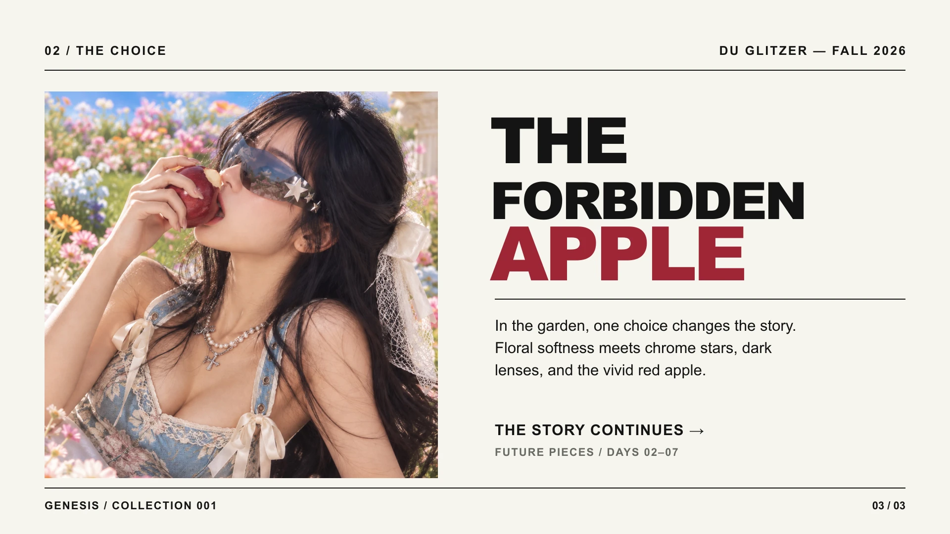 The forbidden apple: a model in star sunglasses takes a bite in a flower garden